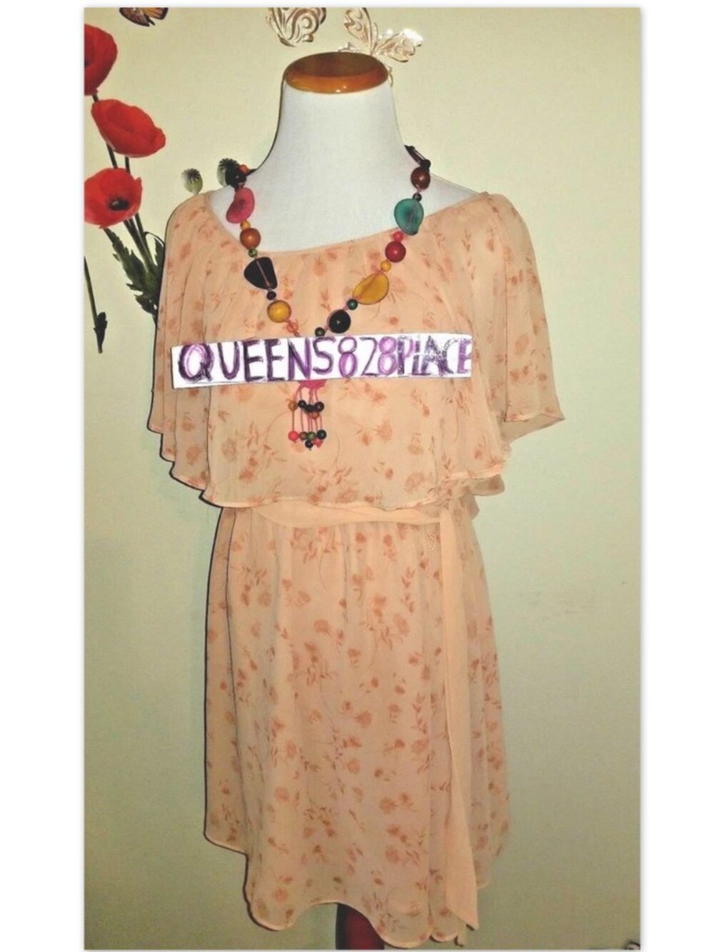 Love 21 Dress Sz Medium Lightweight Peach Floral Print Sleeveless Elastic Waist